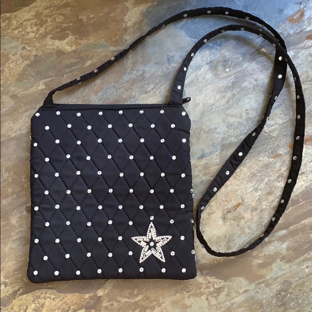 NWT Cute Black Crystals & Stars Quilted Crossbody